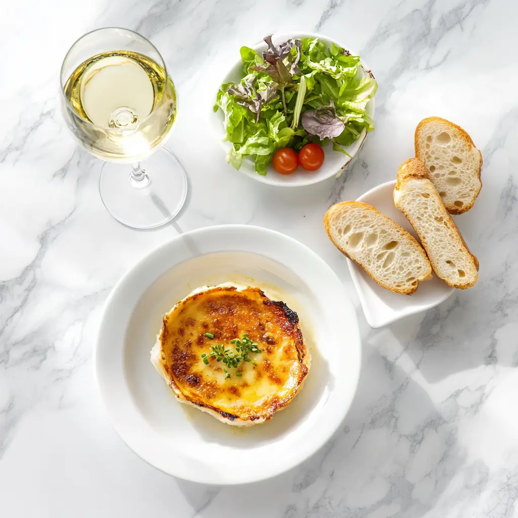 Crab Brulee Recipe garnished with chives, paired with white wine, baguette slices, and a side salad on a marble surface.