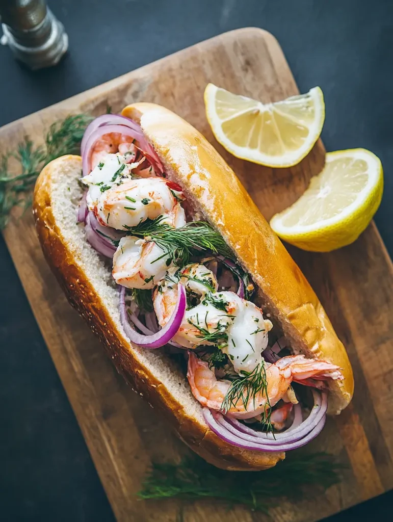 A fully assembled Matjesbrötchen with herring, onions, and fresh dill