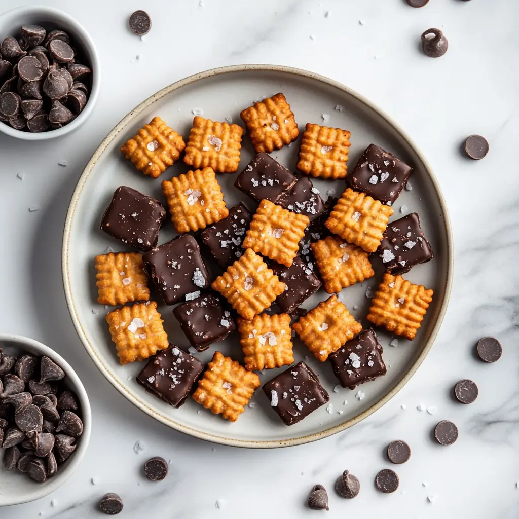 A serving plate of Cheez-It peanut butter and chocolate snacks, sprinkled with sea salt and ready to enjoy