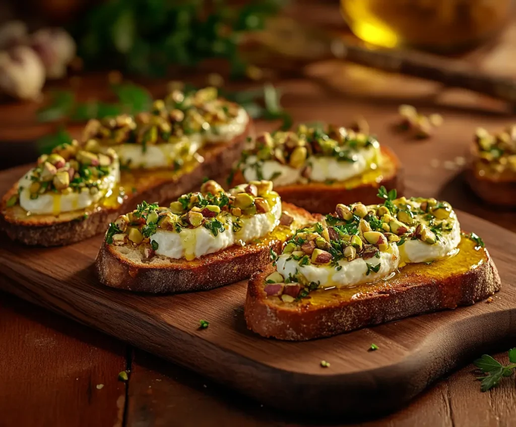 Goat cheese and pistachio bruschetta topped with honey and herbs on a wooden board.