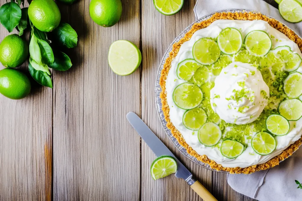 Side view of a key lime pie with whipped cream peaks and lime zest garnish, showing a creamy interior with a slice removed.