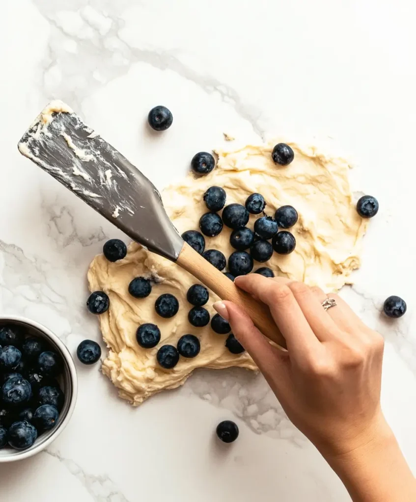 Blueberries being gently folded into cookie dough in a bowl