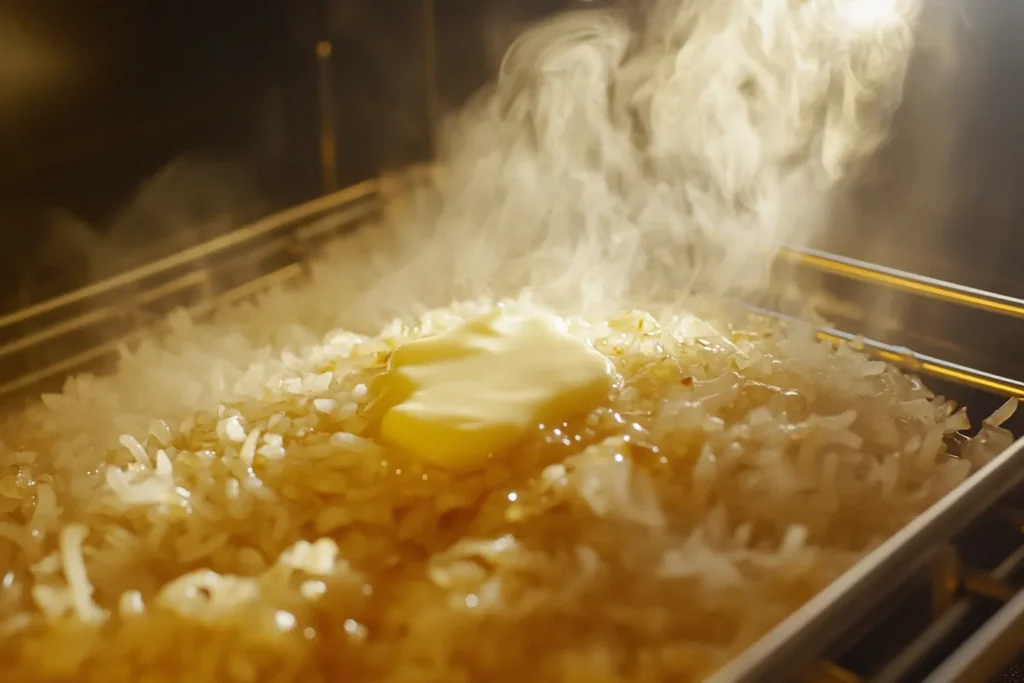 Partially baked French onion soup rice in a casserole dish, with melted butter pooling on the surface.