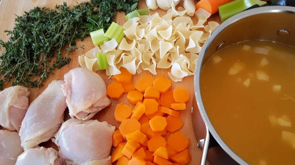 Fresh ingredients for chicken noodle soup, including chicken,