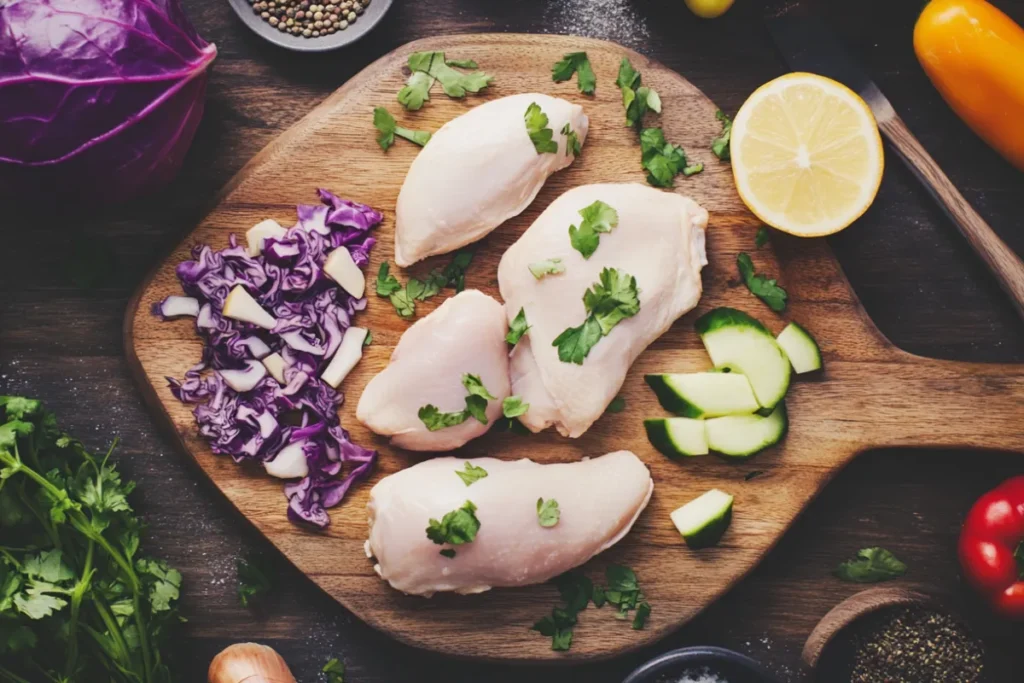 Fresh ingredients for Healthy Chicken and Cabbage Soup, including chicken, cabbage, vegetables, and herbs.