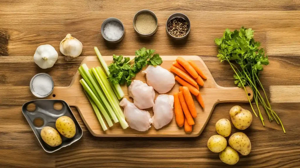 Fresh ingredients for consome de pollo—chicken, vegetables, garlic, and cilantro—arranged on a cutting board