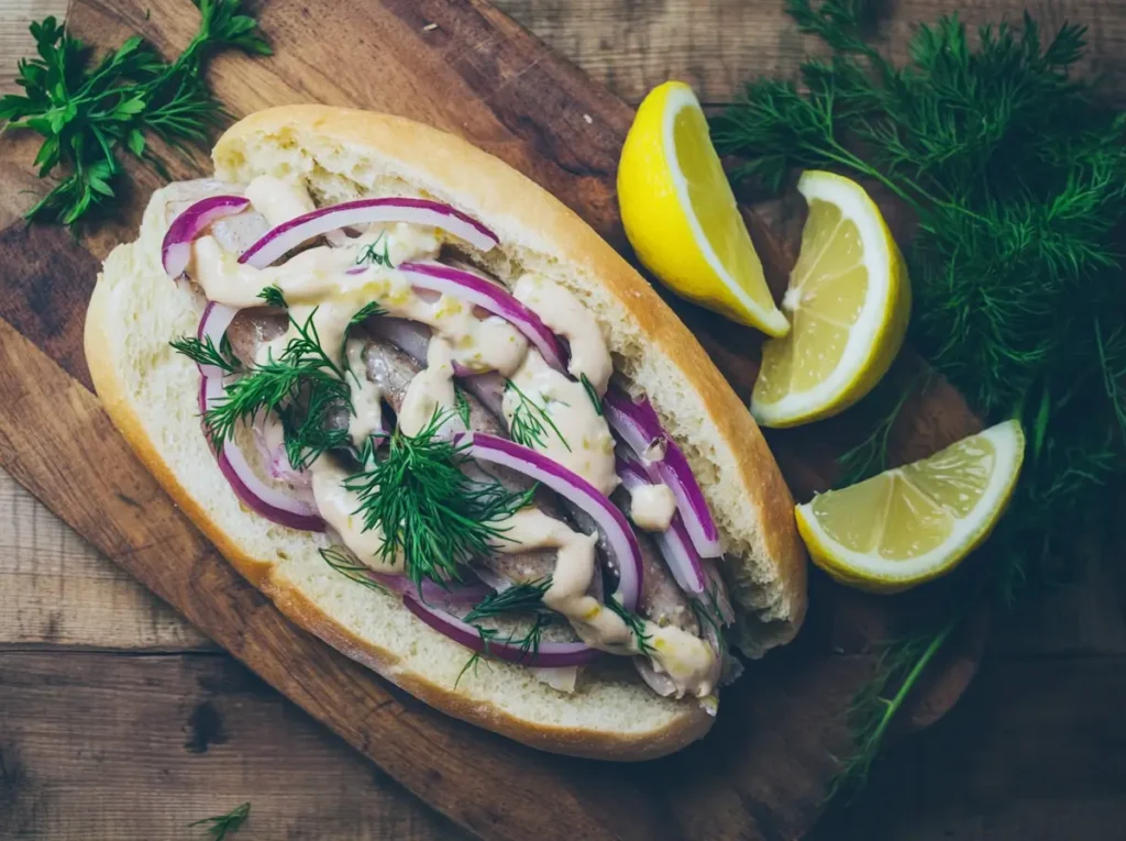 Freshly prepared Matjesbrötchen with pickled herring, onions, and dill on a crusty Kaiser roll