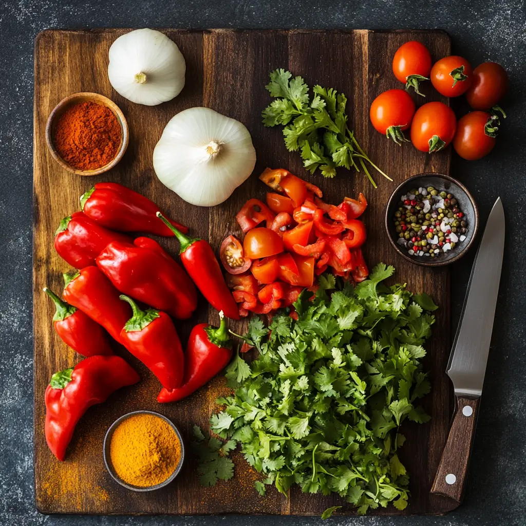 A colorful spread of fresh vegetables and seasonings, including peppers, onions, tomatoes, and cilantro, ready for discada.