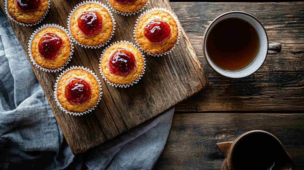 Freshly baked guava jelly muffins with golden tops and swirls of tropical guava jelly on a rustic wooden board.