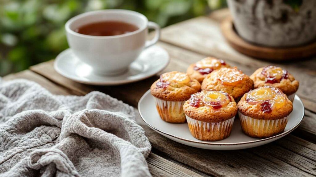 A plate of guava jelly muffins with golden tops and fruity swirls, served with a cup of tea for a cozy snack.