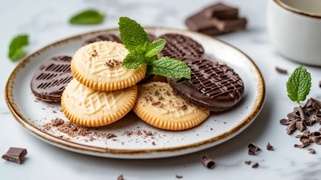 Freshly baked wafer cookies, plain and chocolate-filled, on a white ceramic plate with chocolate shavings