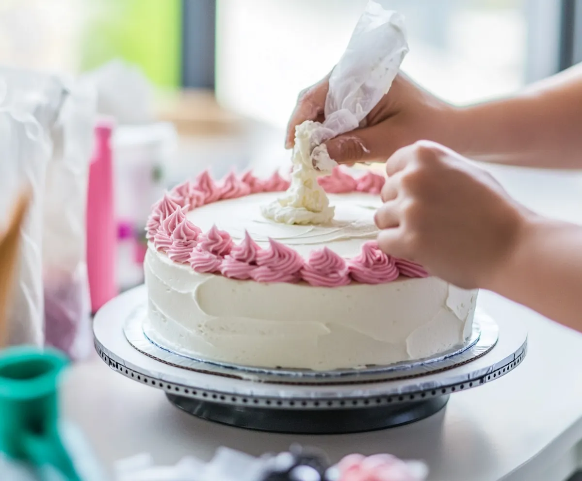 Close-up of a baker frosting a graduation cake layer with buttercream on a turntable.