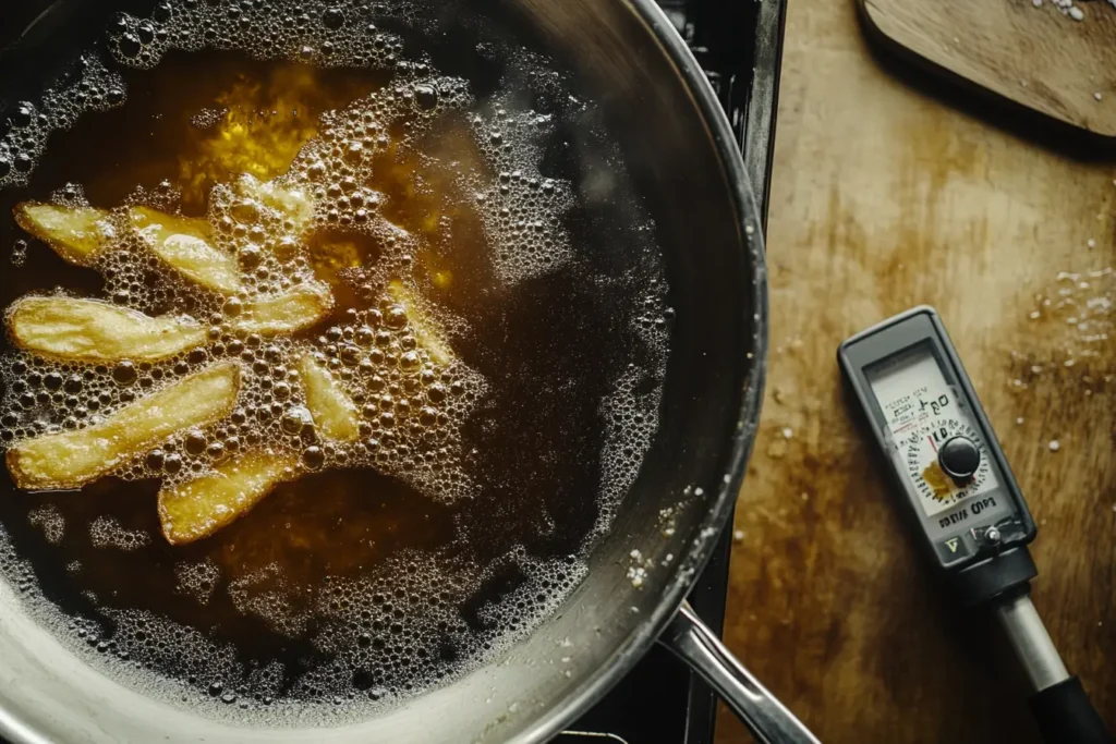 Potato slices soaking in salted water, ready to be turned into crispy papas fritas.