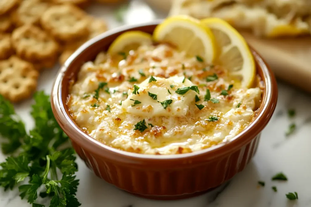 Garlic butter sauce served with parsley and lemon.