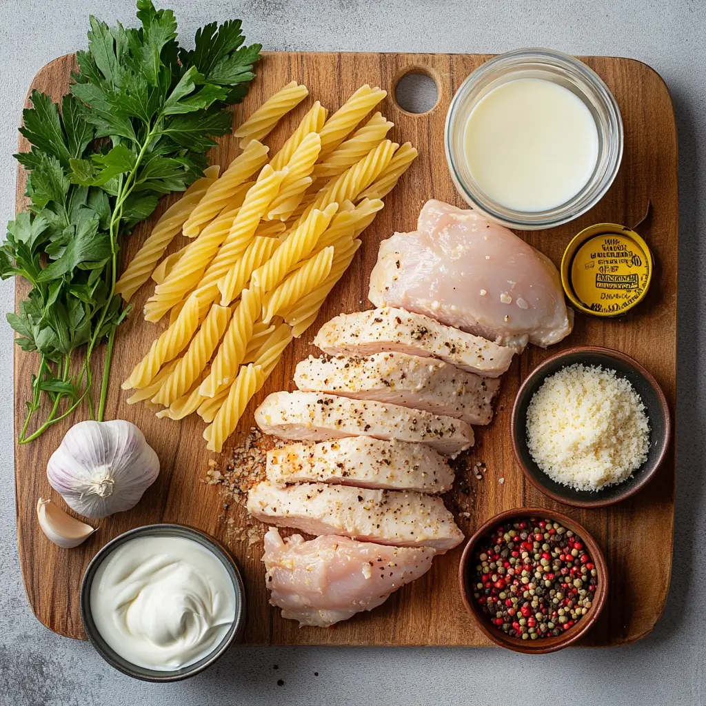 Fresh ingredients for garlic Parmesan chicken pasta, including chicken, pasta, cheese, and seasonings, arranged on a cutting board.