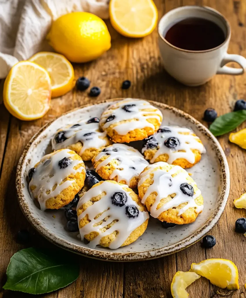 Finished lemon blueberry cookies with a glaze drizzle served with tea