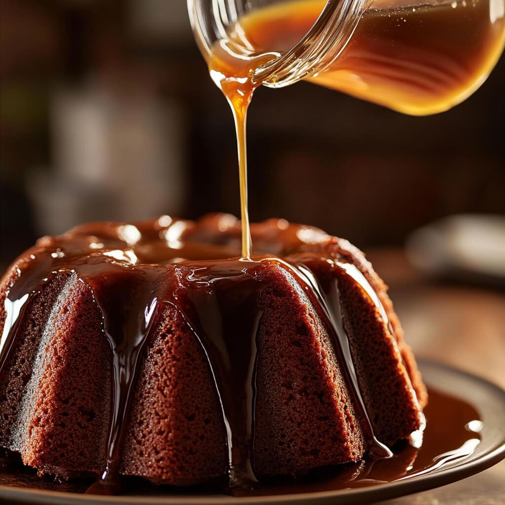 Caribbean rum cake being drizzled with a glossy rum glaze for a moist texture