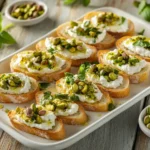 Close-up of goat cheese and pistachio bruschetta garnished with honey and herbs on a rustic wooden platter.