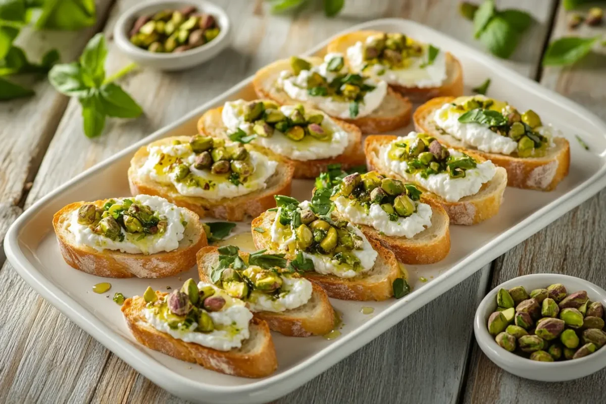 Close-up of goat cheese and pistachio bruschetta garnished with honey and herbs on a rustic wooden platter.