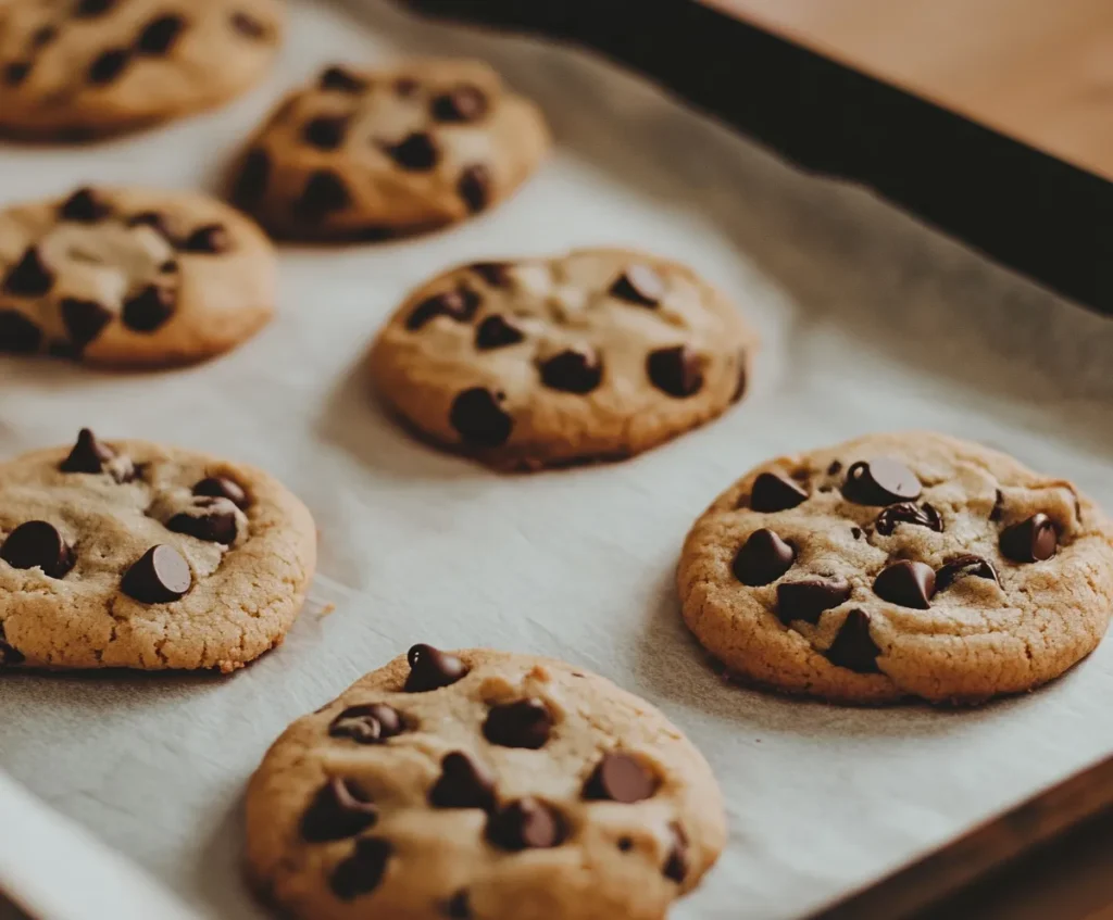 Golden-brown chocolate chip cookies cooling on a tray with melted chocolate chips.