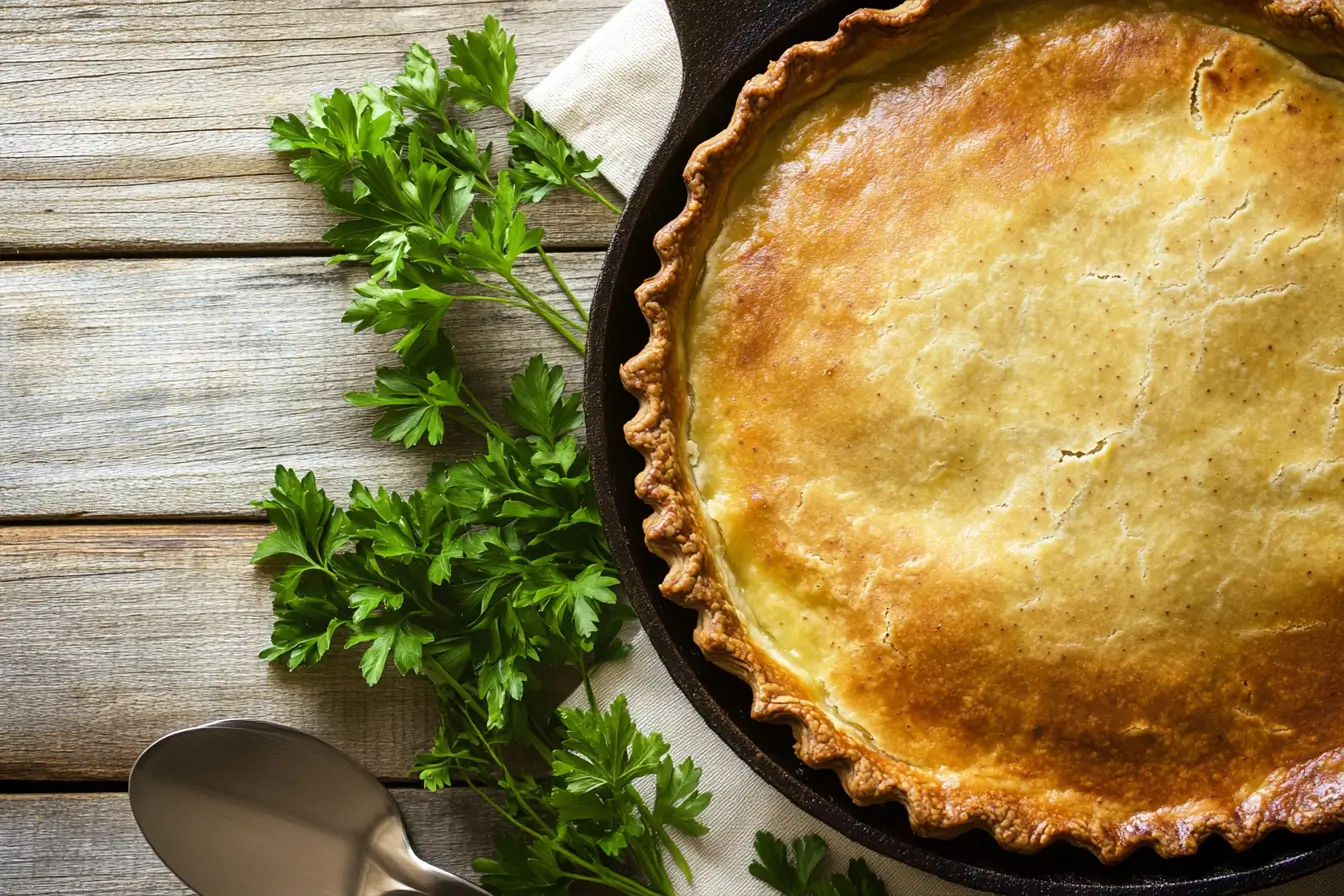 Golden-brown Passover potato pie with a crispy top served in a rustic cast-iron skillet.