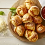 Close-up of golden-brown pizza puffs with marinara sauce and basil garnish on a wooden board