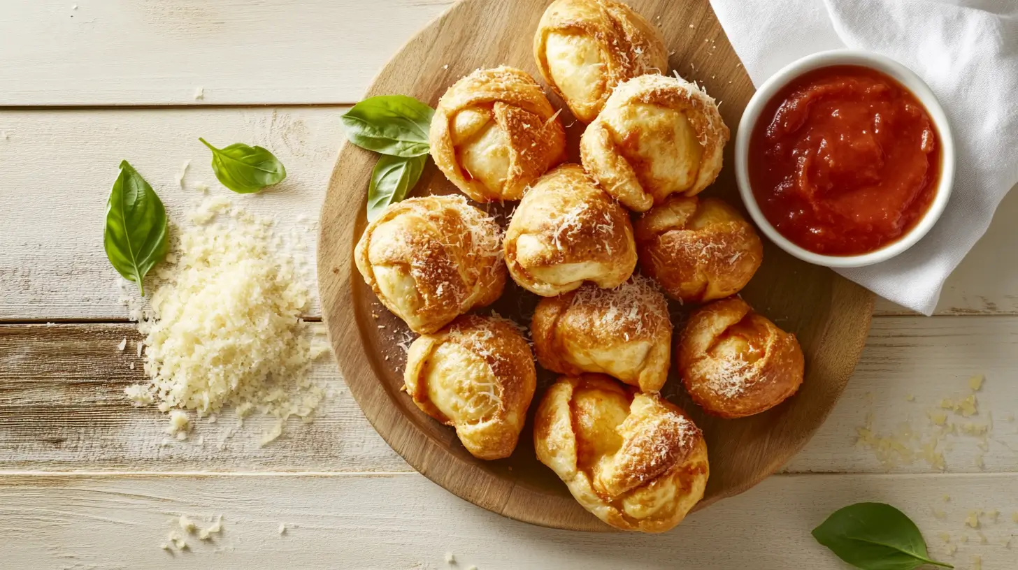 Close-up of golden-brown pizza puffs with marinara sauce and basil garnish on a wooden board