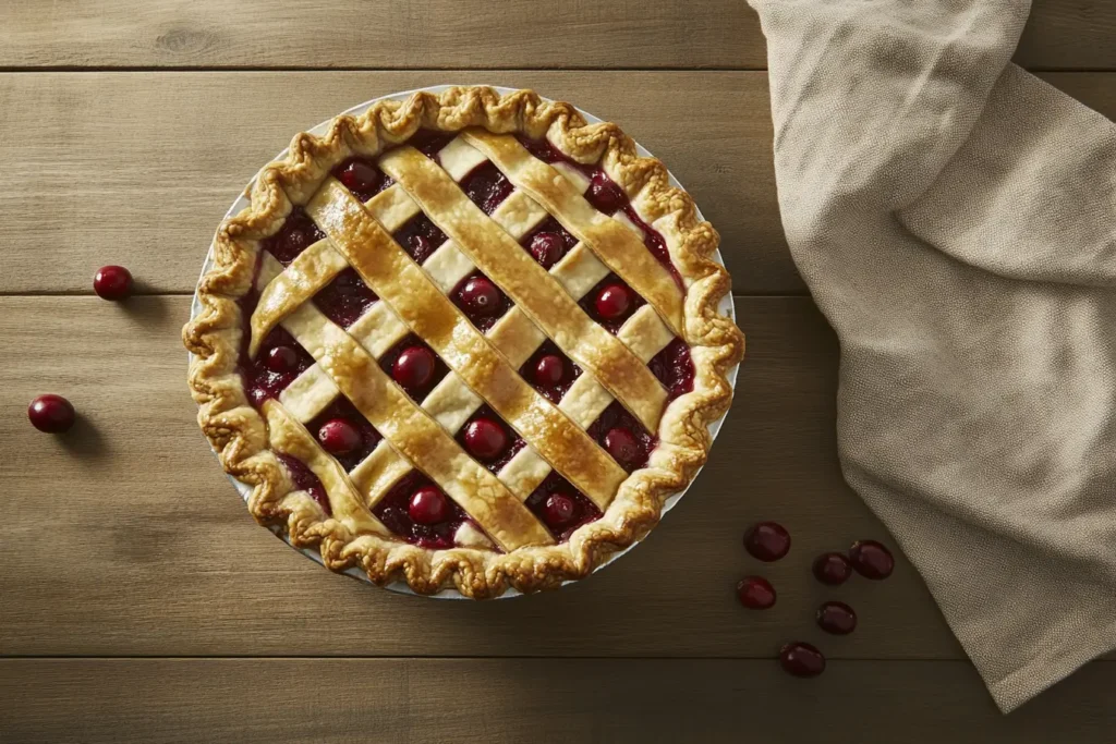 Golden cherry cranberry pie with lattice crust, surrounded by fresh cherries and cranberries on a rustic table.