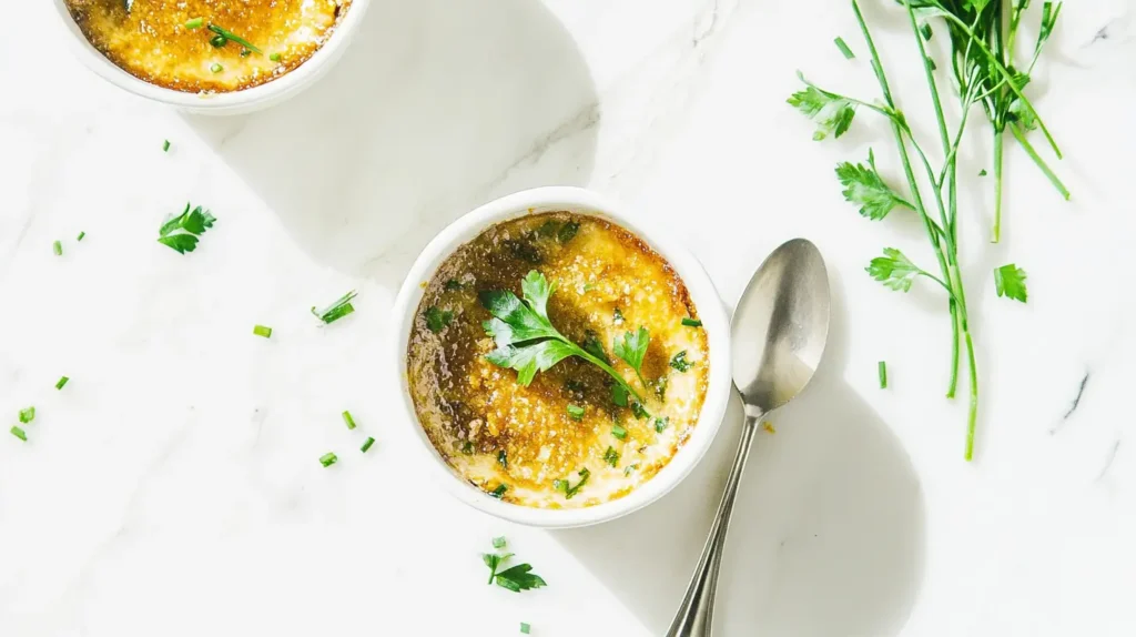 Golden caramelized Crab Brulee Recipe in a white ramekin, garnished with chives and parsley, placed on a marble counter.