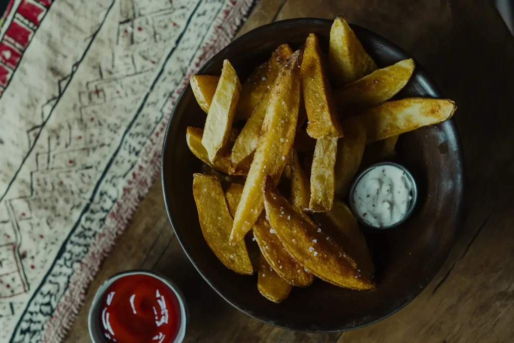 A bowl of freshly fried papas fritas served with dipping sauces on a wooden table