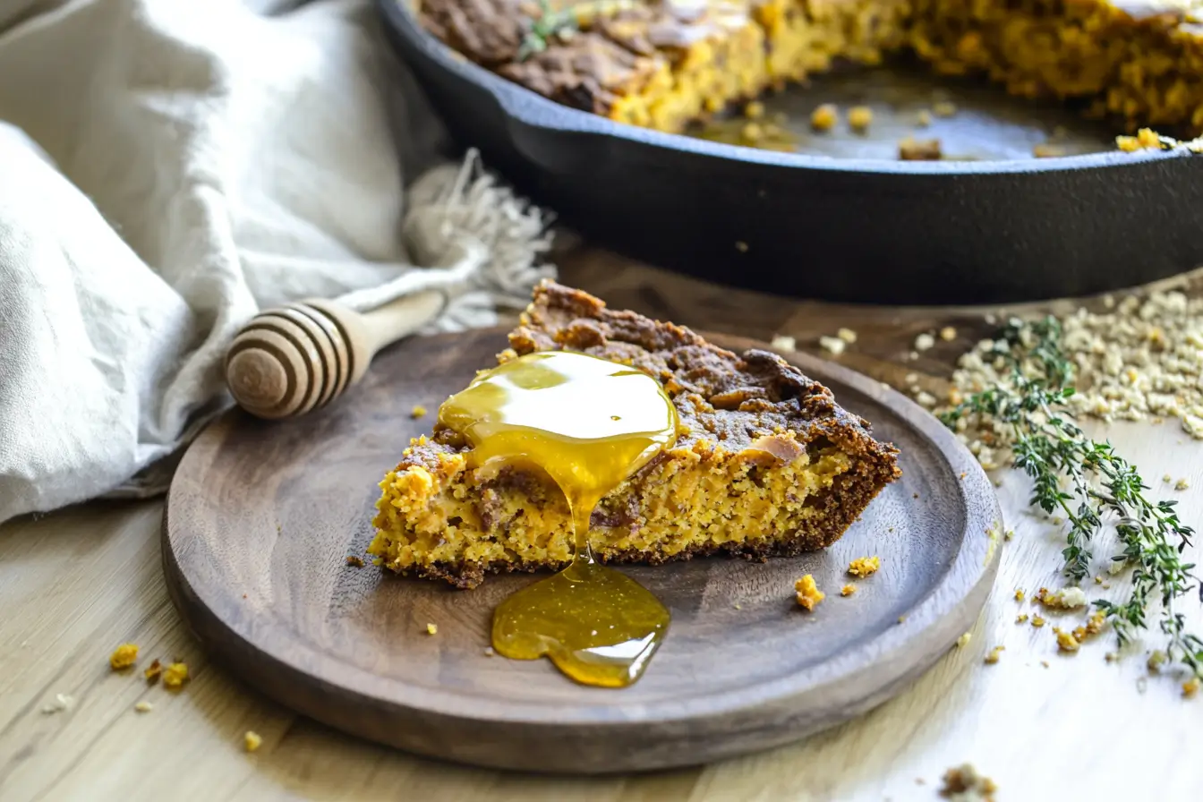 Close-up of a golden slice of sweet potato cornbread topped with honey butter, served on a rustic wooden plate