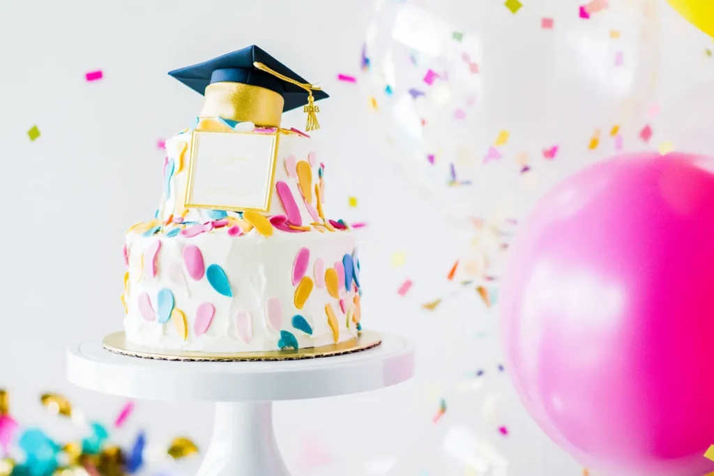 Tiered graduation cake with fondant cap and diploma, surrounded by confetti and balloons.