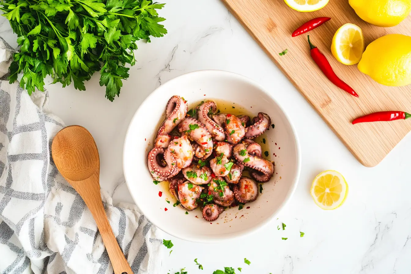 Platter of grilled baby octopus with crispy edges, garnished with parsley and lemon, served alongside Greek salad and crusty bread