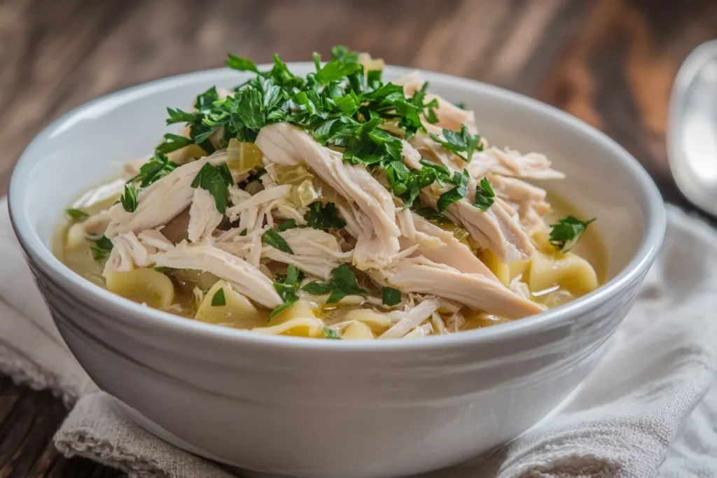 Bowl of homemade chicken noodle soup with egg noodles and parsley.