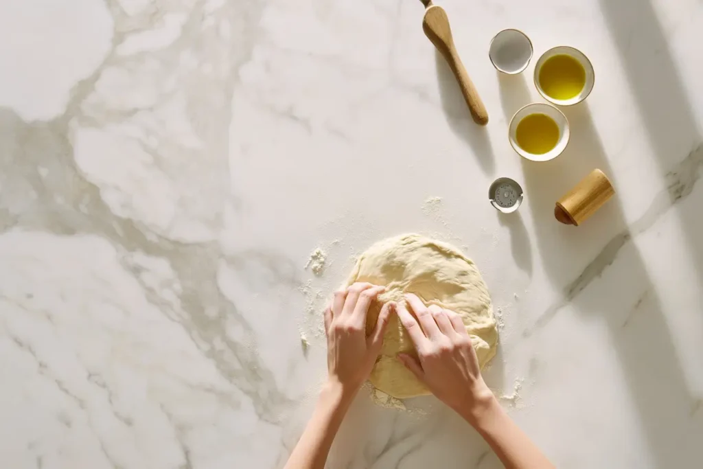 Hands kneading pizza dough on a floured marble counter with baking tools nearby.