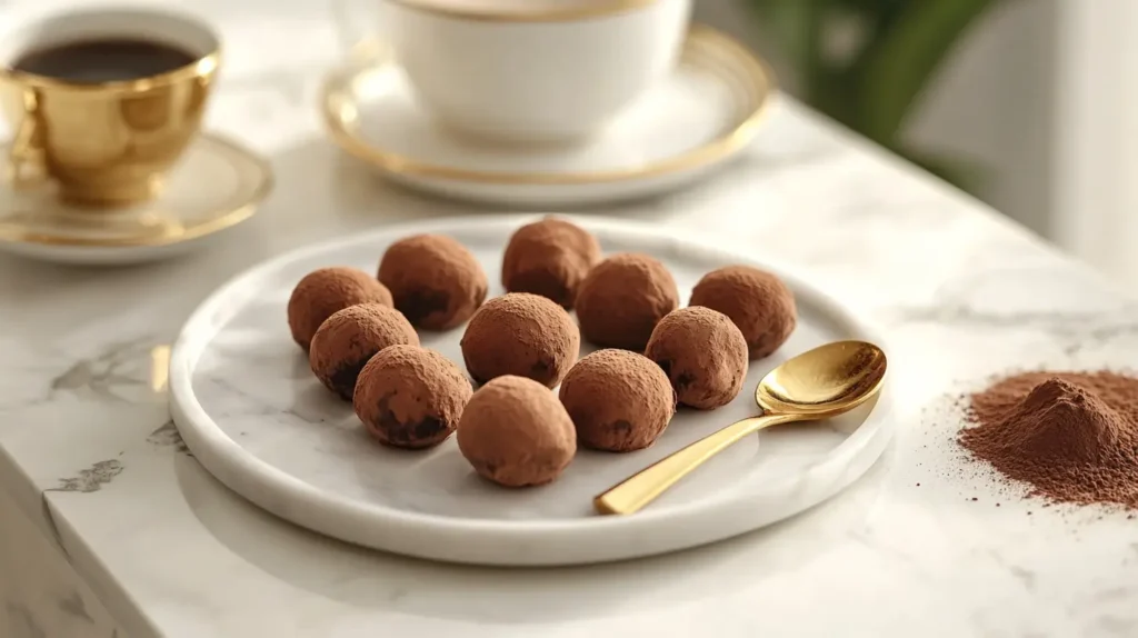 A plate of homemade truffle chocolate rolled in cocoa powder with a luxurious presentation.