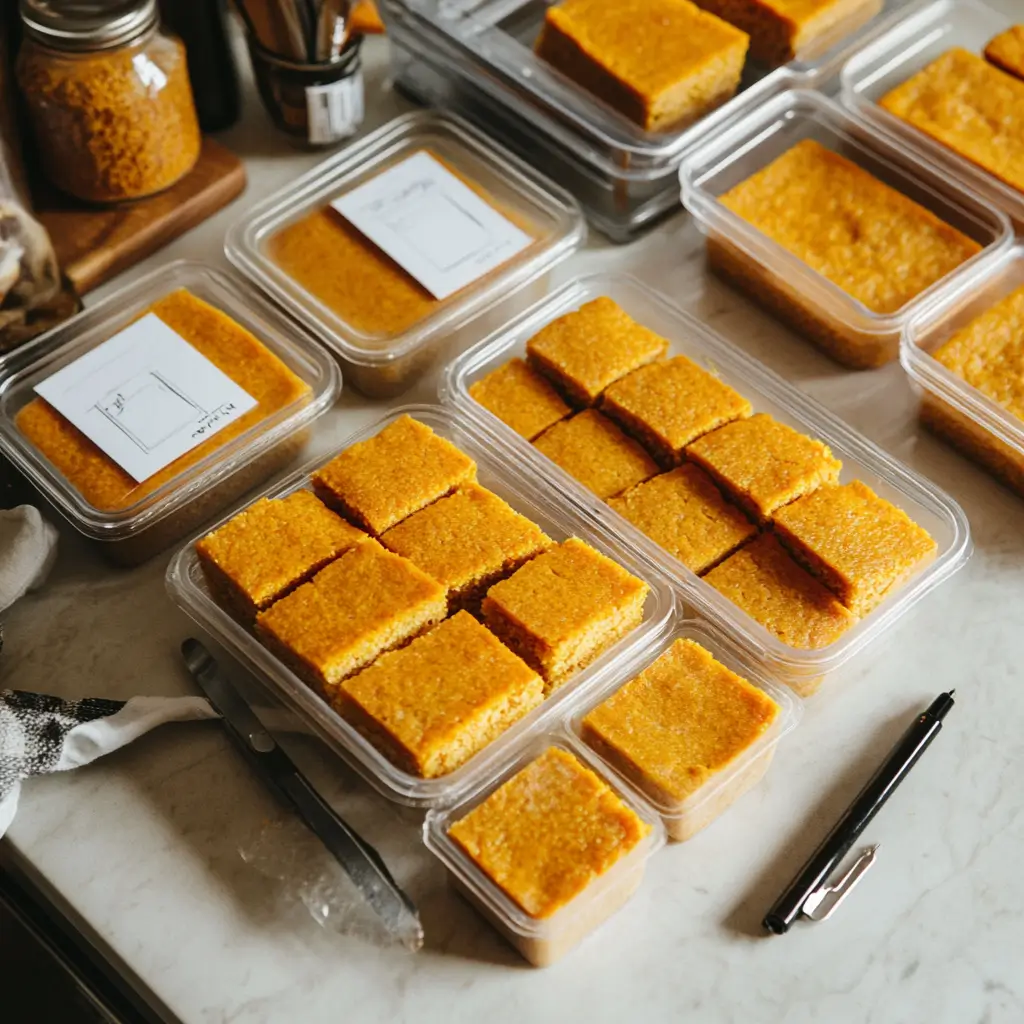 Sweet potato cornbread slices stored in airtight containers, ready for freezing.