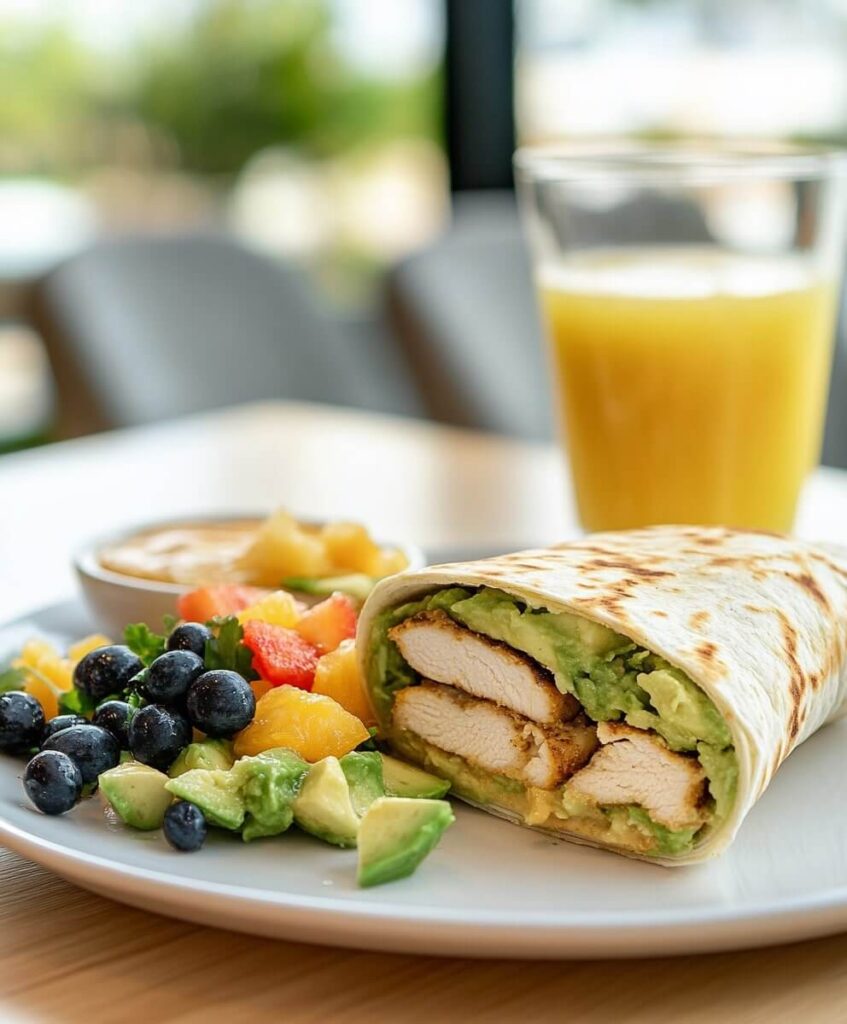 A delicious avocado chicken wrap served with fresh fruit salad and juice on a cozy table.