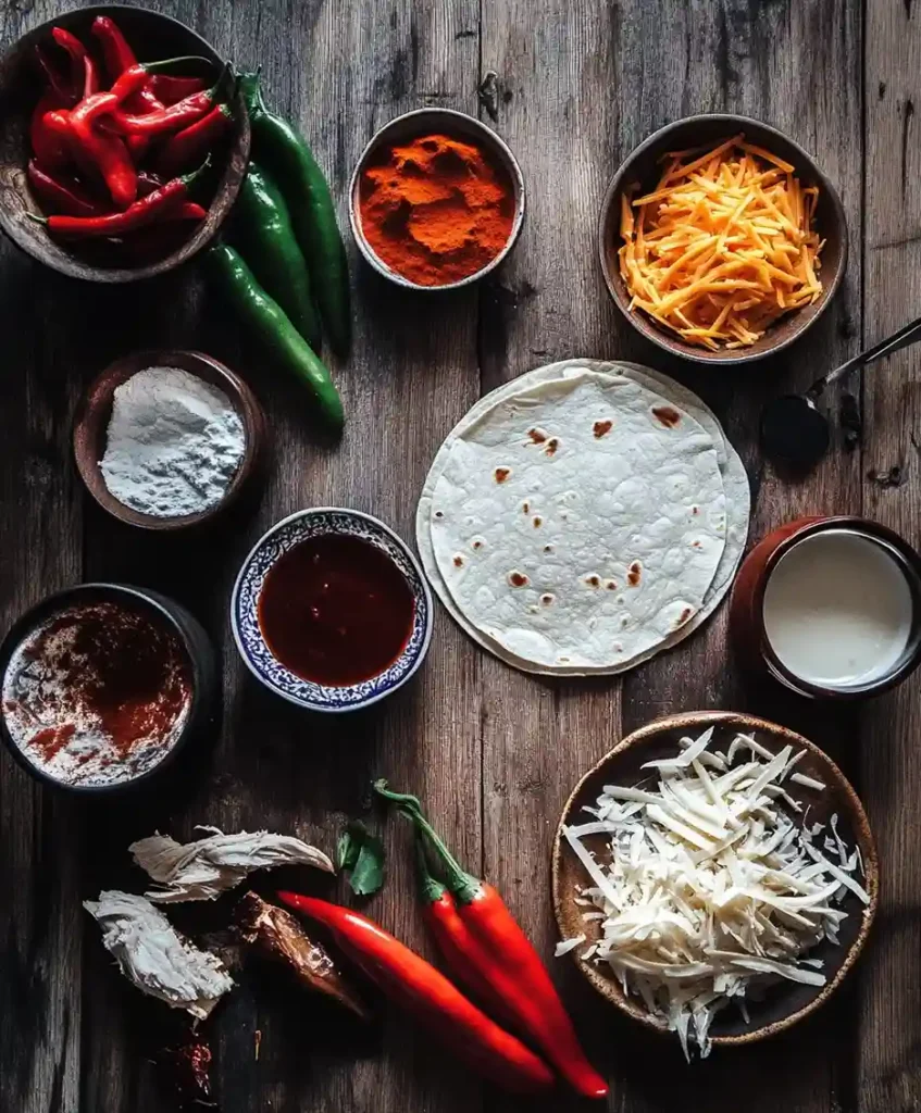 Flat lay of fresh ingredients for Boulder’s enchiladas, including blue corn tortillas, cheese, chicken, and spices.