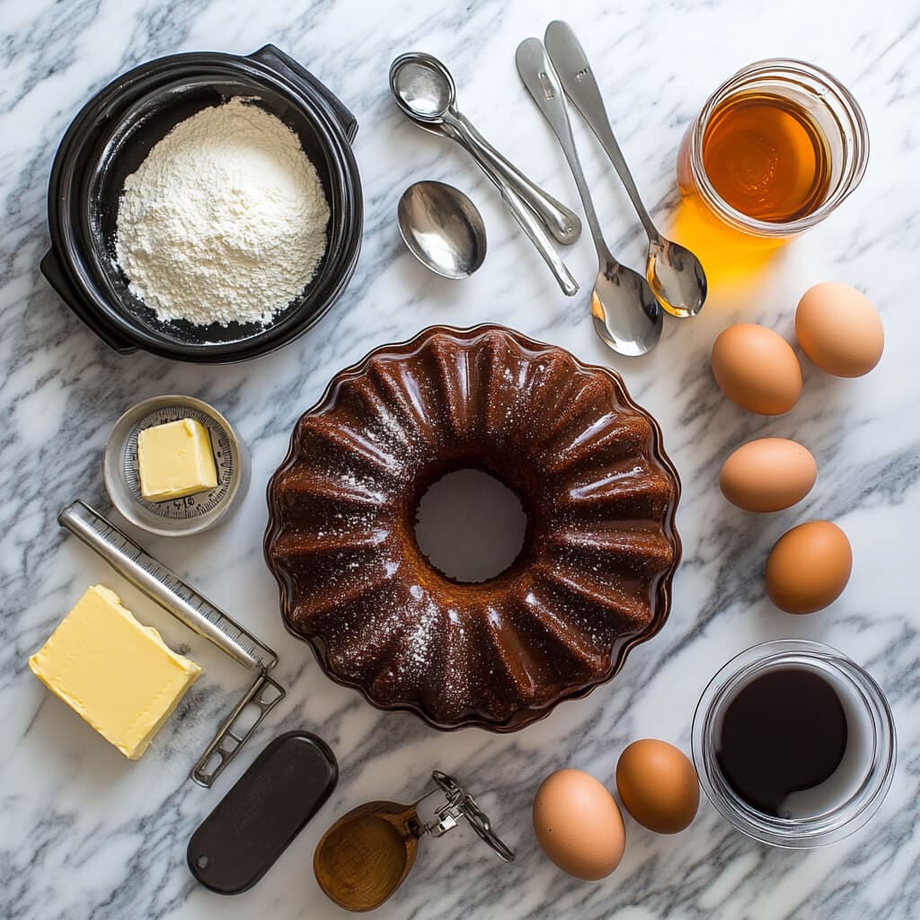 Ingredients for making Caribbean rum cake laid out on a kitchen counter.