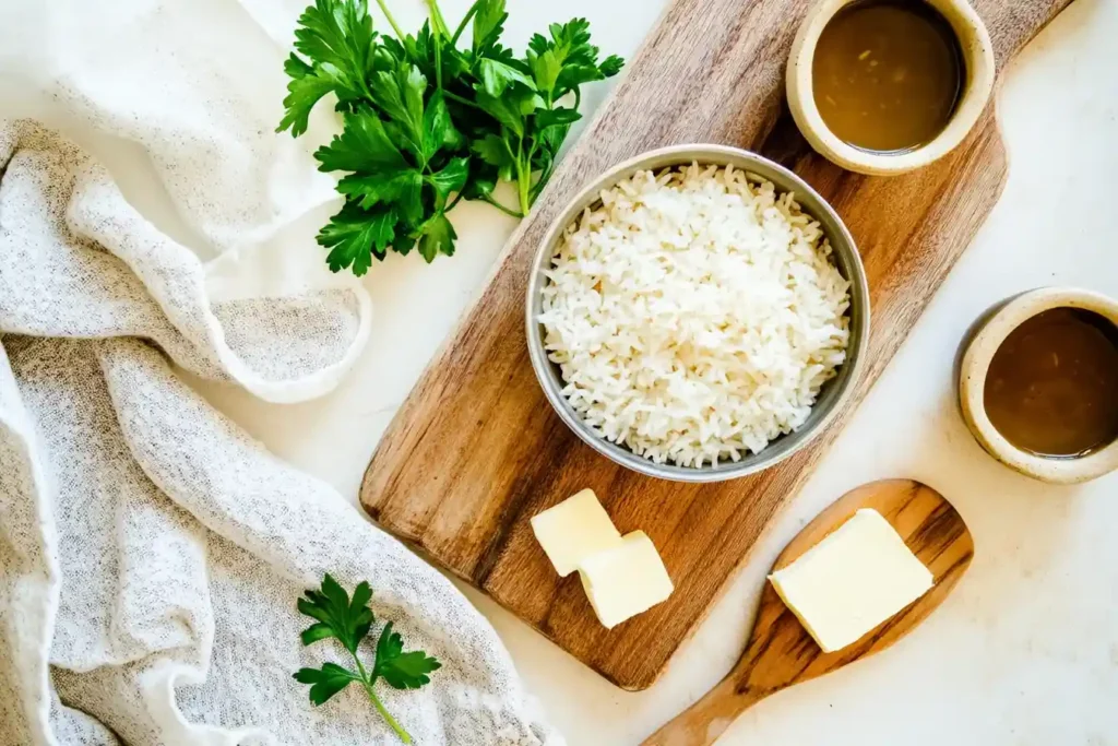 Ingredients for French onion soup rice arranged on a wooden cutting board, including rice, broth, butter, and parsley.