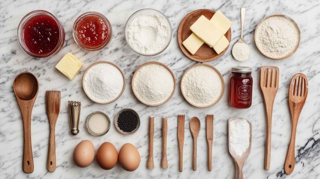 Baking ingredients for guava jelly muffins, including flour, sugar, butter, eggs, and guava jelly, arranged on a marble countertop.