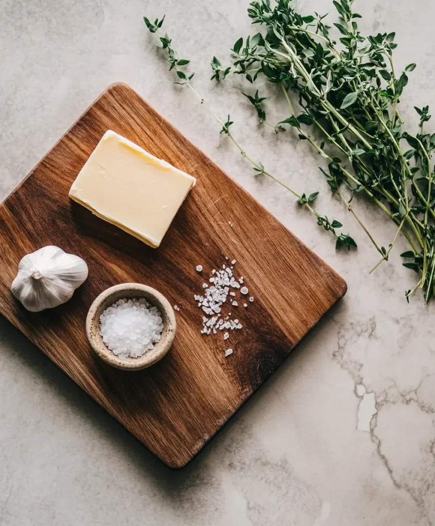 Butter candle ingredients including butter, herbs, garlic, and seasoning arranged on a cutting board.