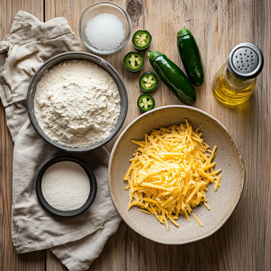 Flat lay of ingredients for vegan jalapeño cheese artisan bread, including flour, salt, sugar, water, yeast, olive oil, shredded vegan cheddar cheese, and diced jalapeños on a wooden surface