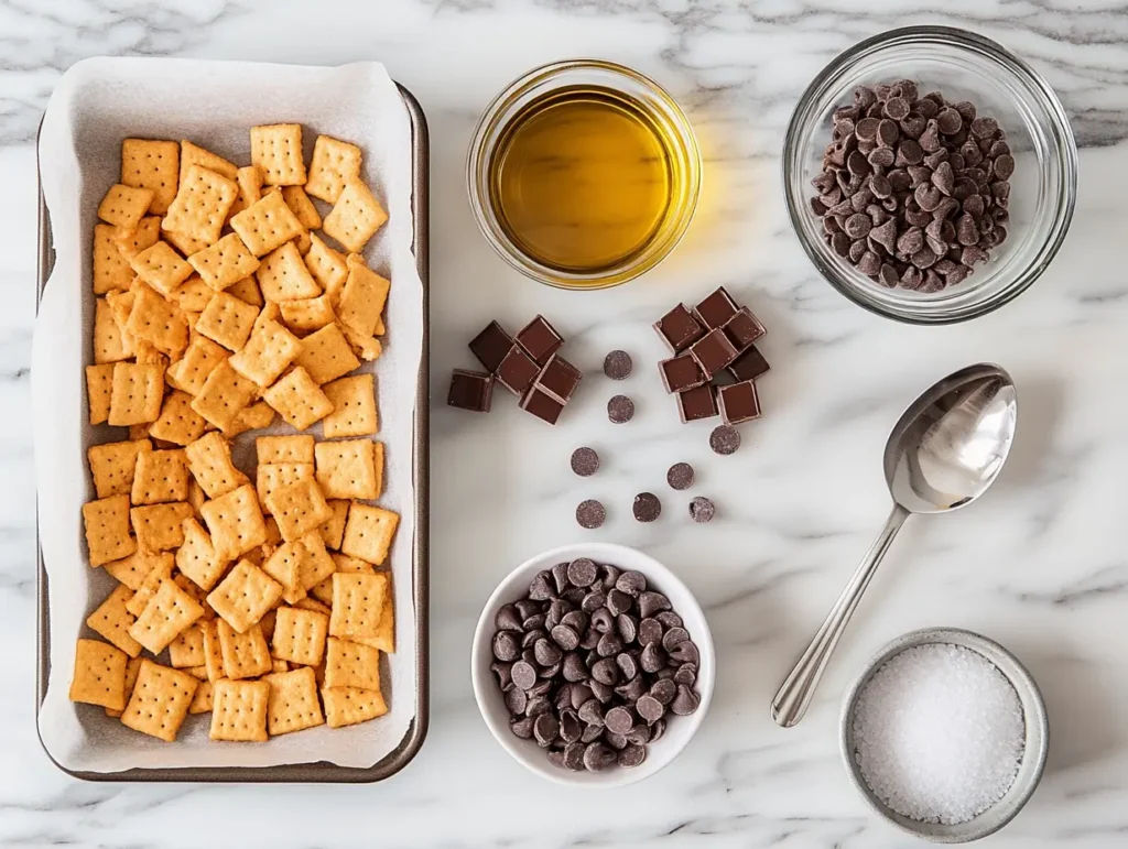 Ingredients for best recipe for cheez it peanut butter and chocolate: Cheez-Its, peanut butter, chocolate chips, oil, and sea salt