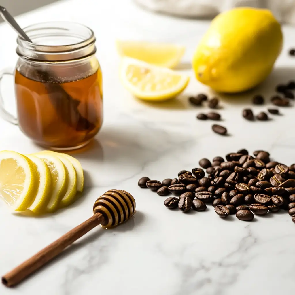 Fresh coffee beans, lemon wedges, cinnamon sticks, and honey neatly arranged for the coffee loophole recipe.