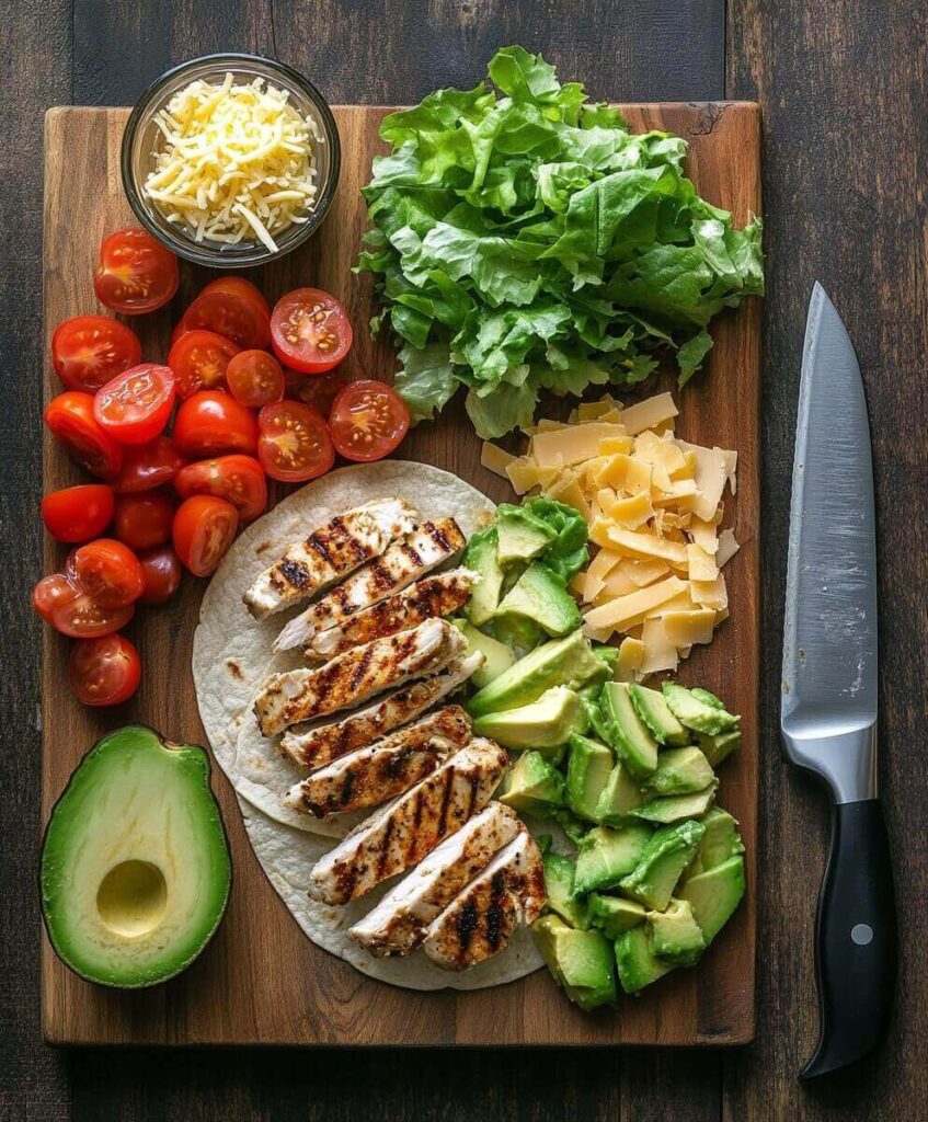 Fresh ingredients for avocado chicken wraps arranged on a wooden cutting board, featuring grilled chicken and avocado.