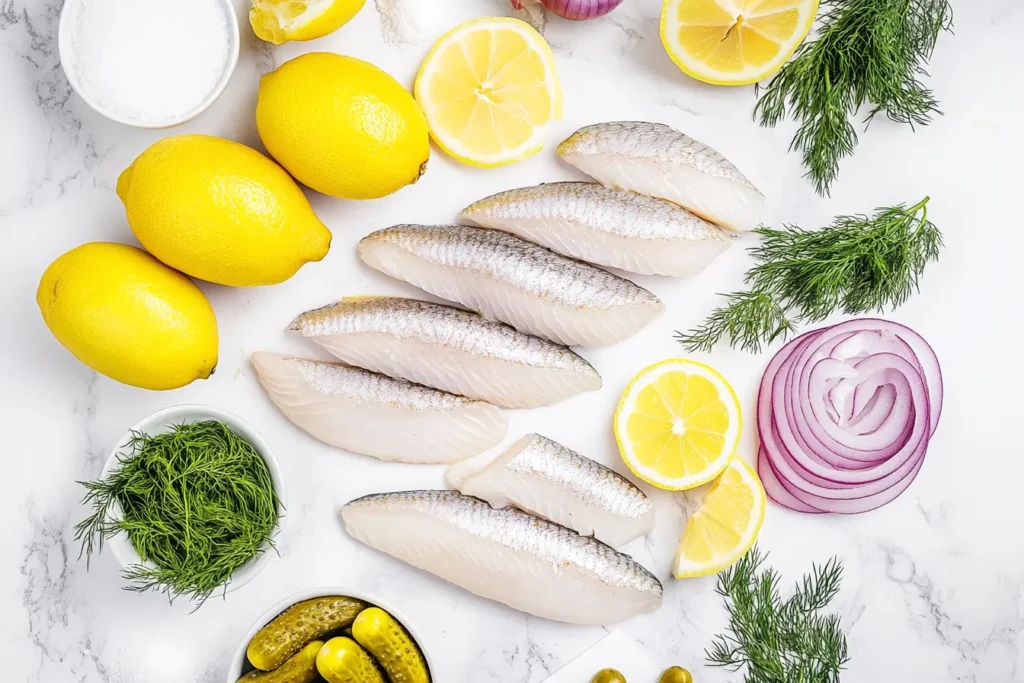 Ingredients for Matjesbrötchen recipe: pickled herring, rolls, onions, dill, mustard, and lemon wedges