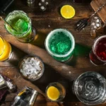 Close-up of a Jäger Bomb and Vegas Bomb side by side on a bar tray with fizzing drinks.