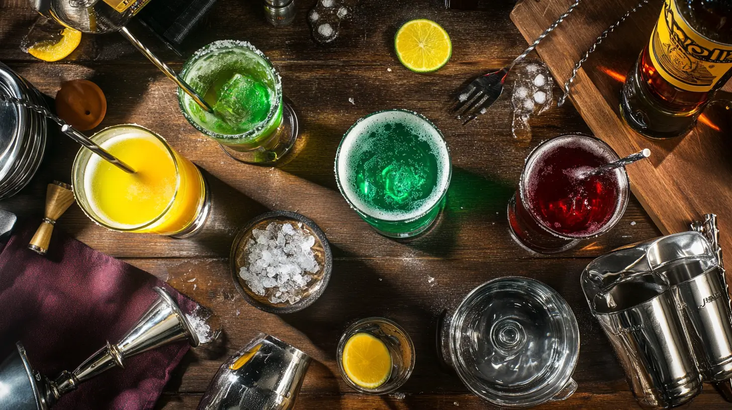 Close-up of a Jäger Bomb and Vegas Bomb side by side on a bar tray with fizzing drinks.